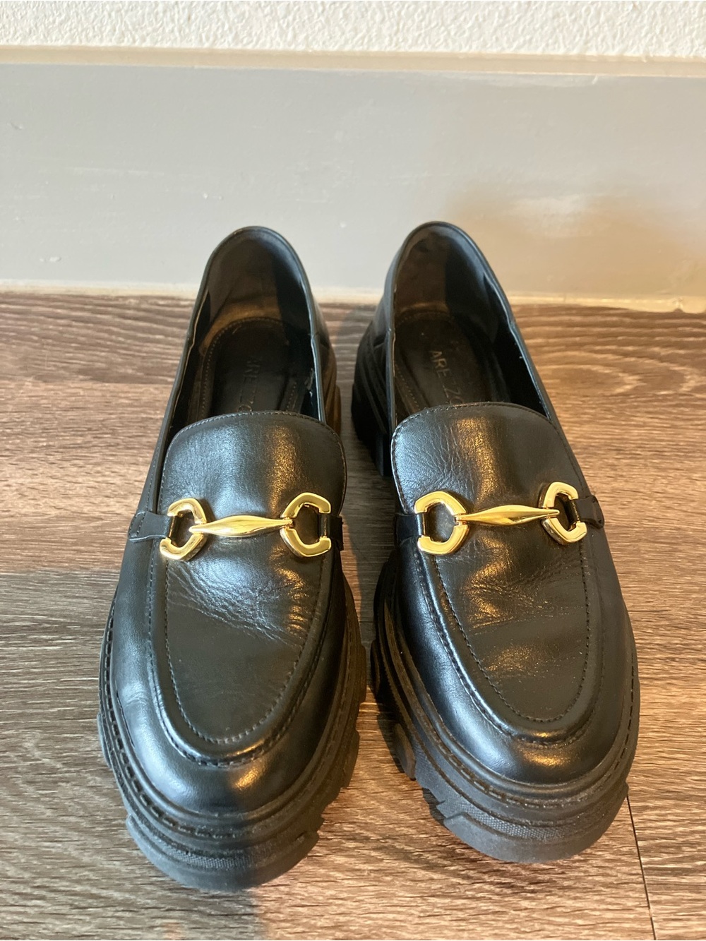 Black Leather Moccasin Loafers with Gold Bit Hardware
